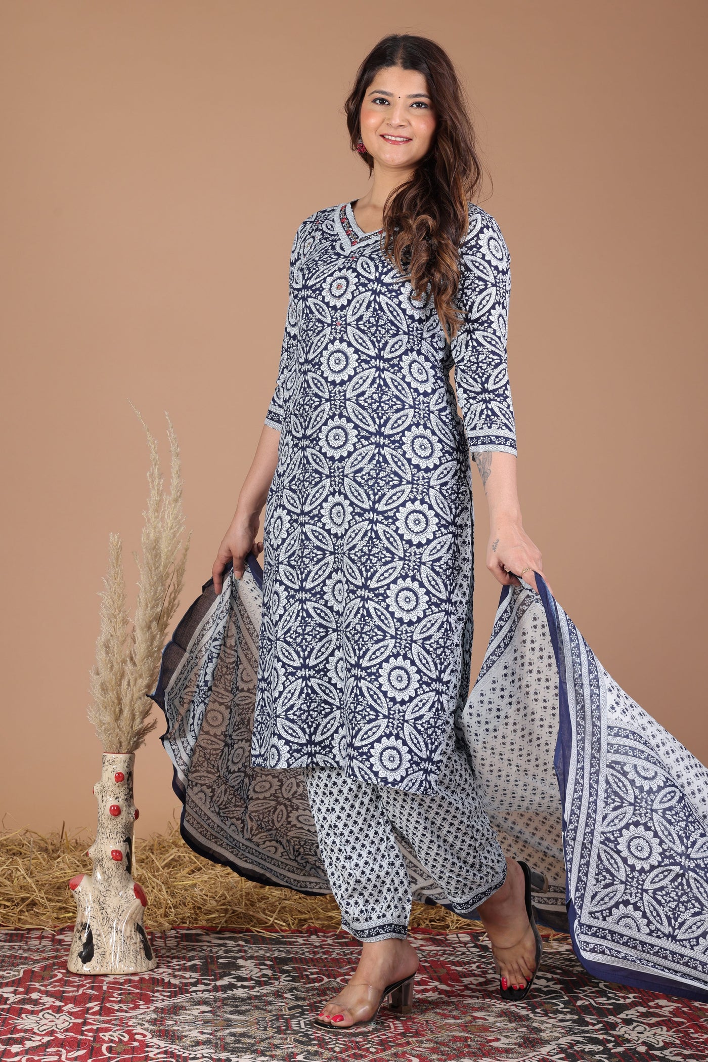 Women's printed  afgani straight kurta with paint and duptta