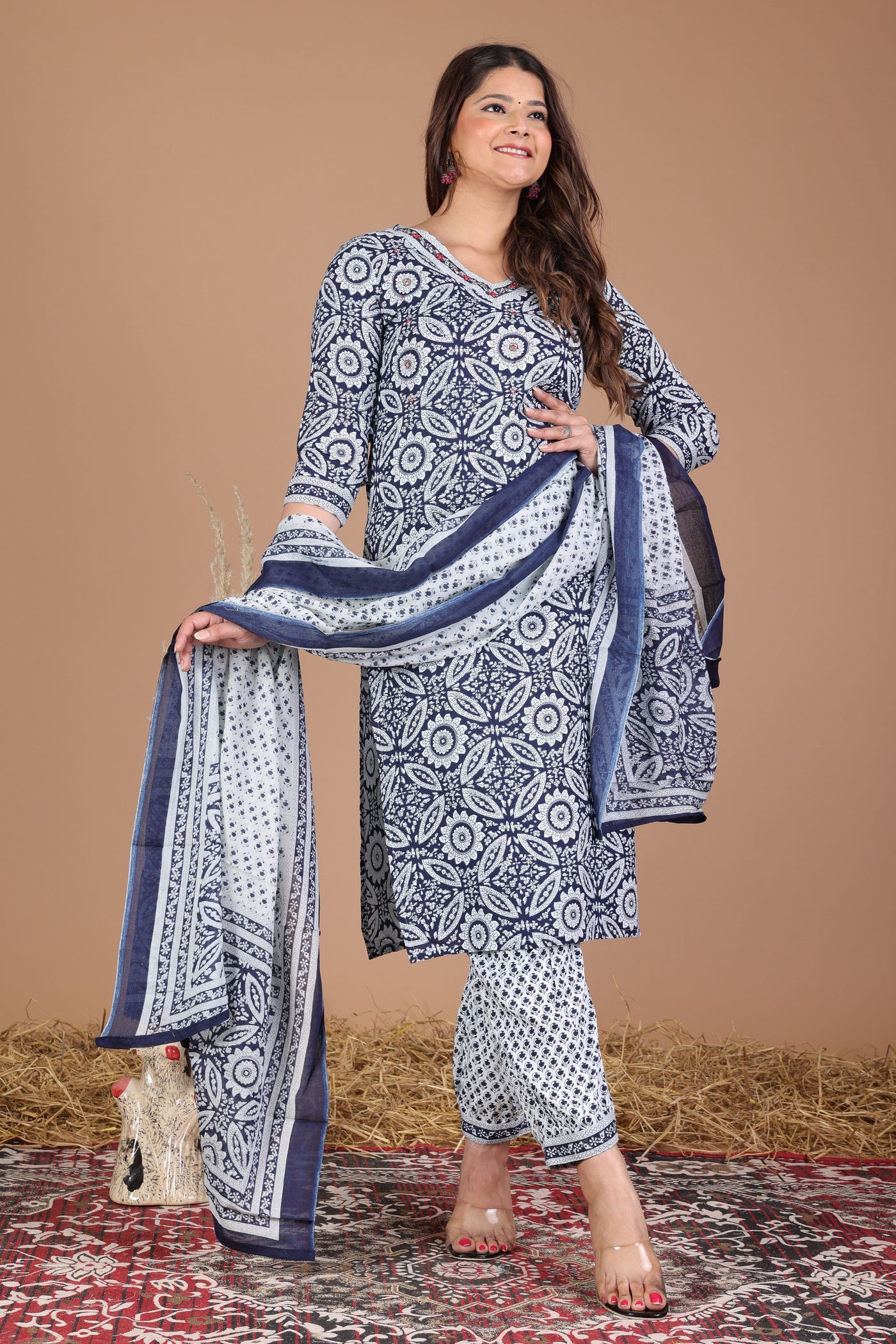 Women's printed  afgani straight kurta with paint and duptta