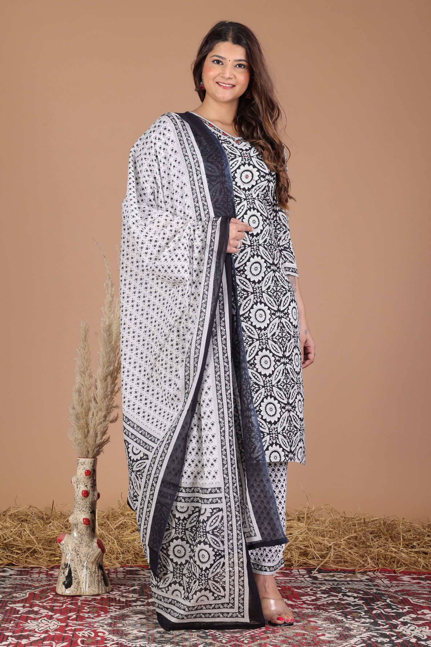 Women's printed  hand work straight kurta with paint and duptta