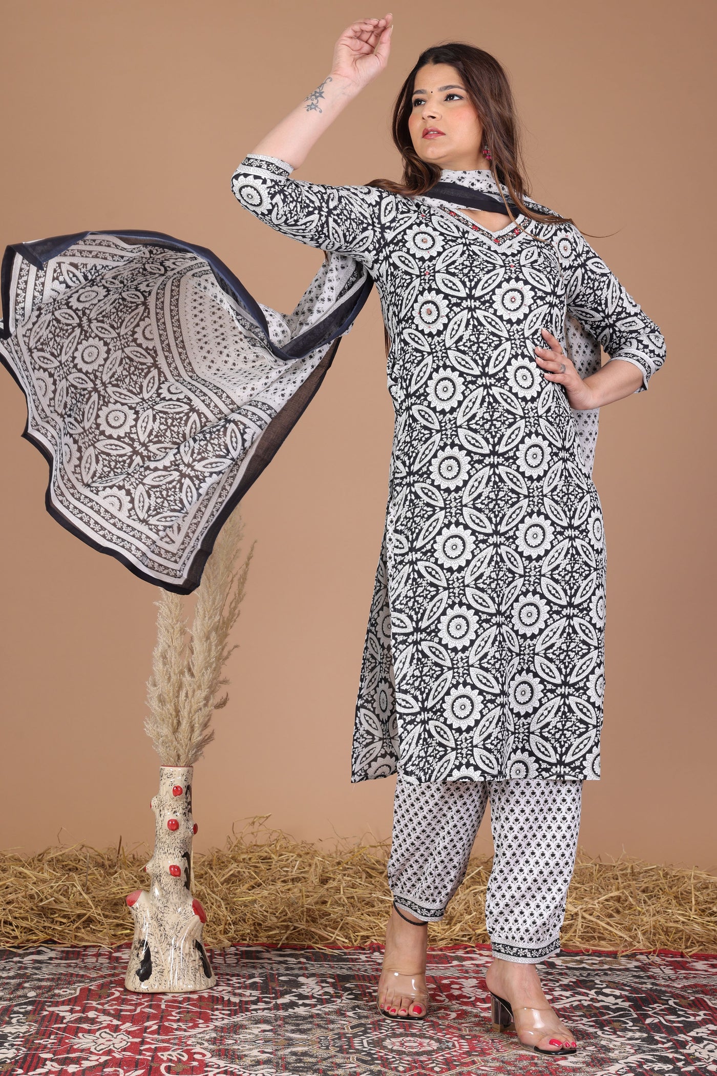 Women's printed  hand work straight kurta with paint and duptta