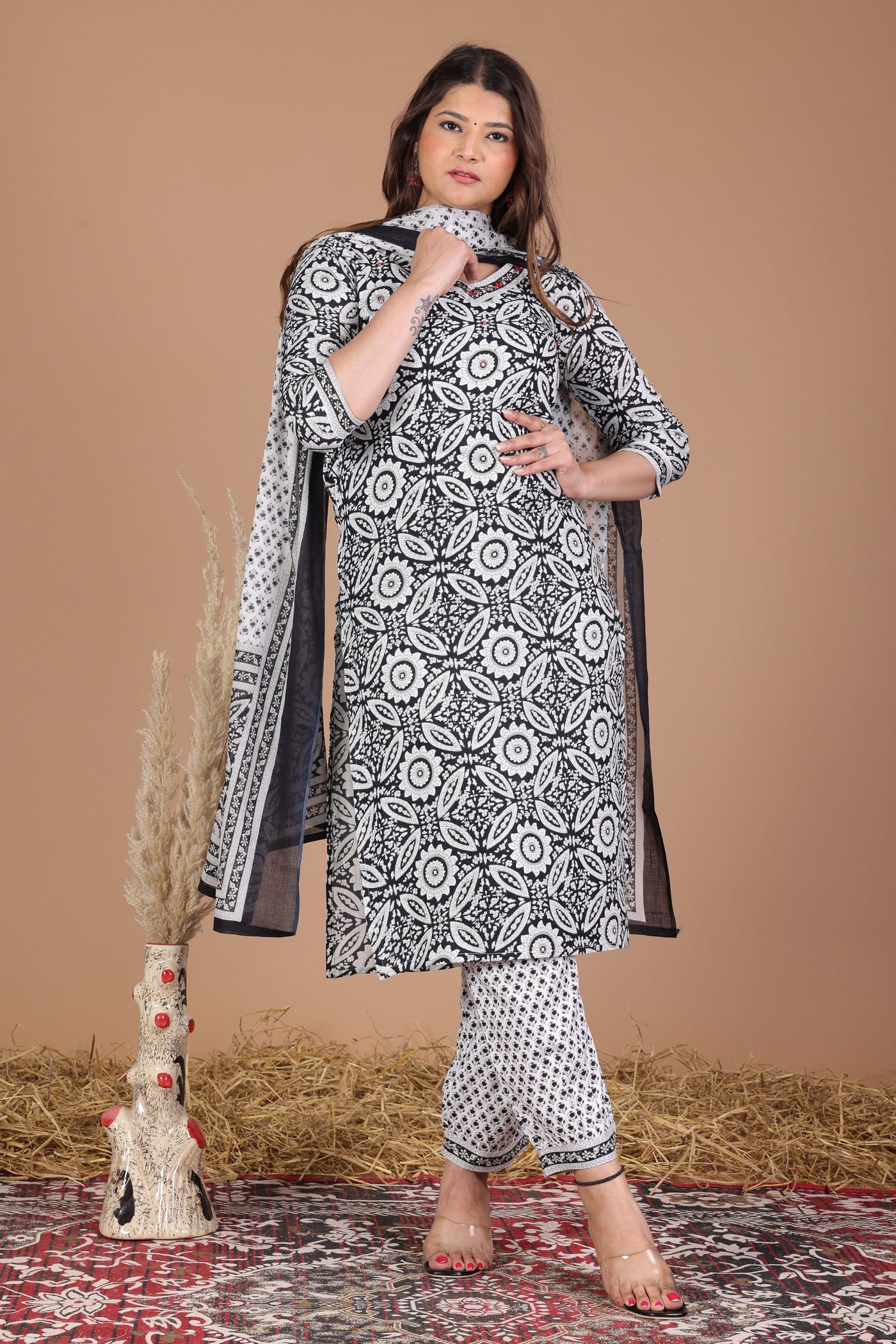 Women's printed  hand work straight kurta with paint and duptta