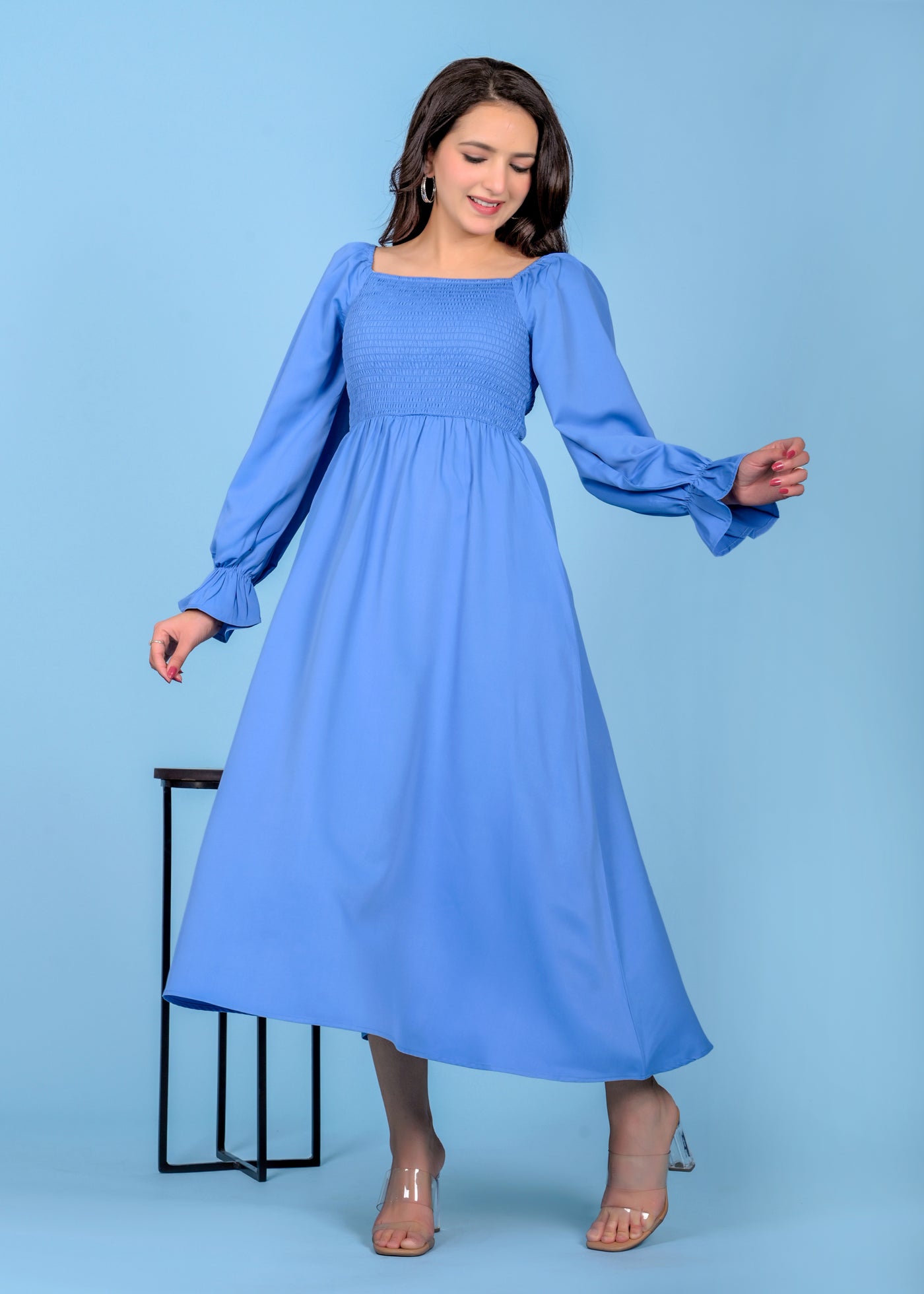 SKY BLUE SMOCKED PLAIN DRESS