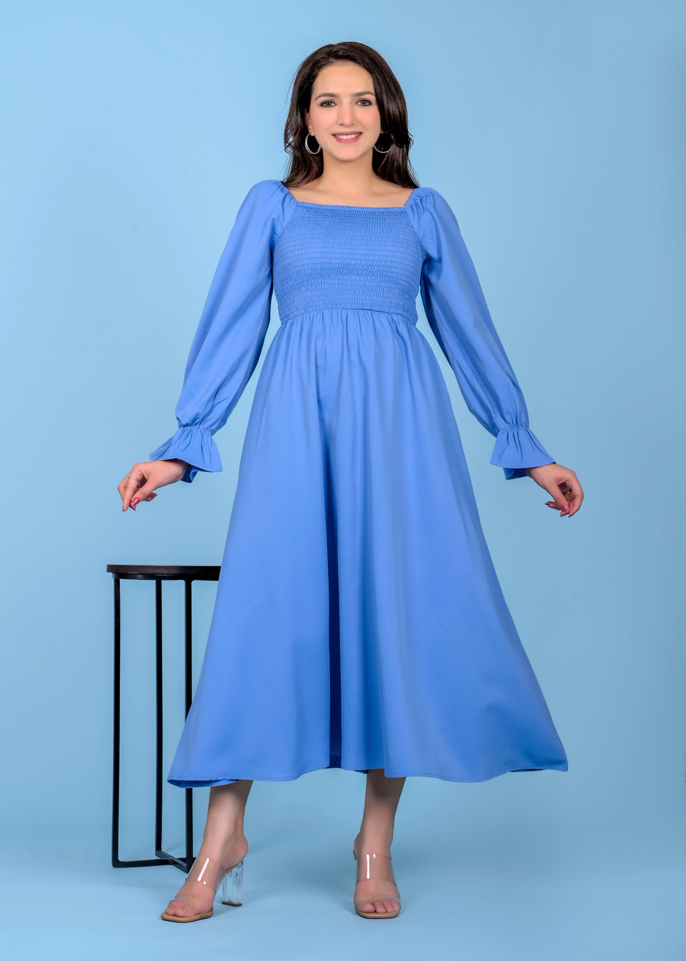 SKY BLUE SMOCKED PLAIN DRESS