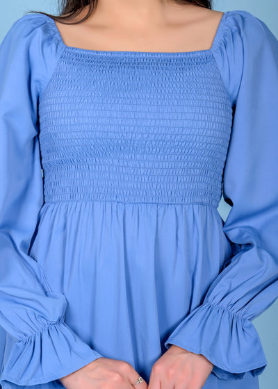 SKY BLUE SMOCKED PLAIN DRESS