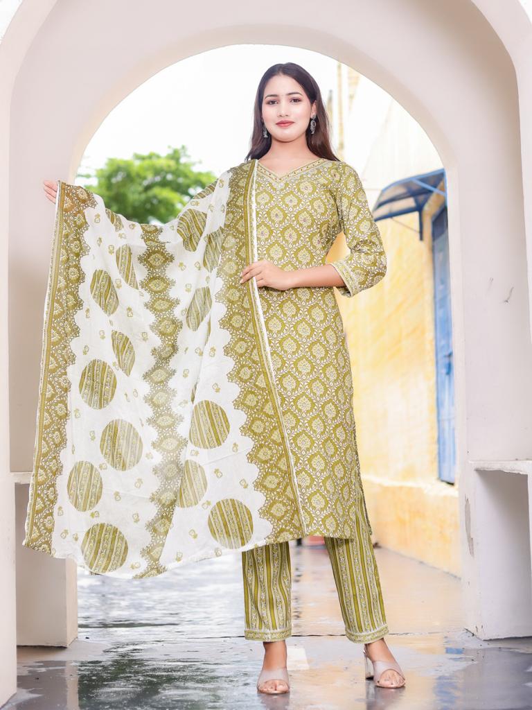 Women's printed  adda work straight kurta with paint and duptta