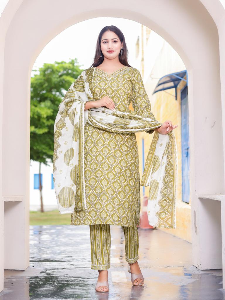 Women's printed  adda work straight kurta with paint and duptta