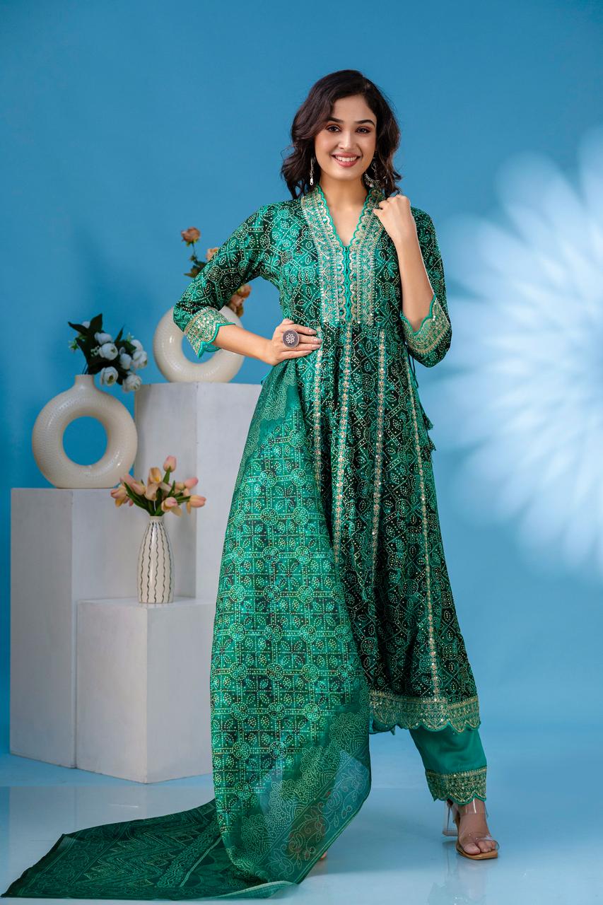 aliya green  anarkali kurta paint and duptta viscose suit set