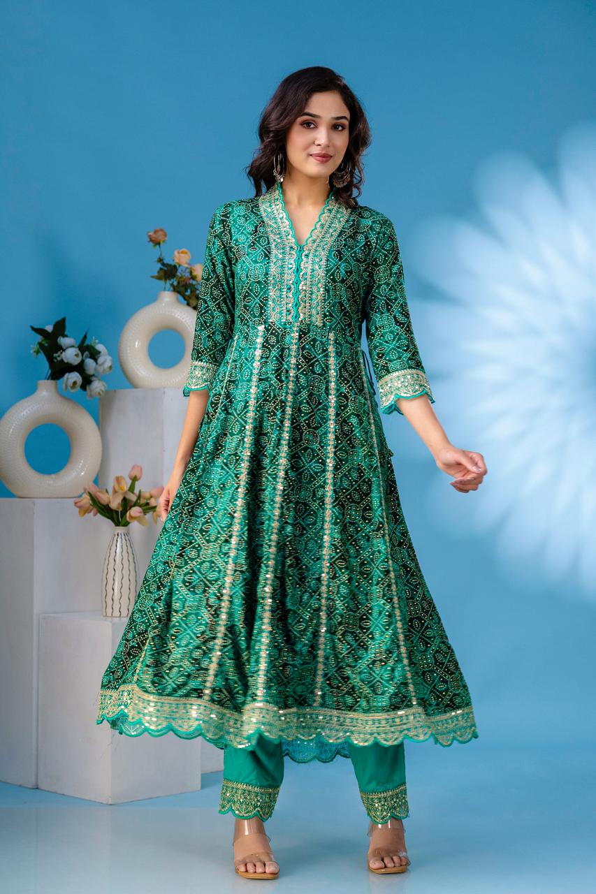 aliya green  anarkali kurta paint and duptta viscose suit set