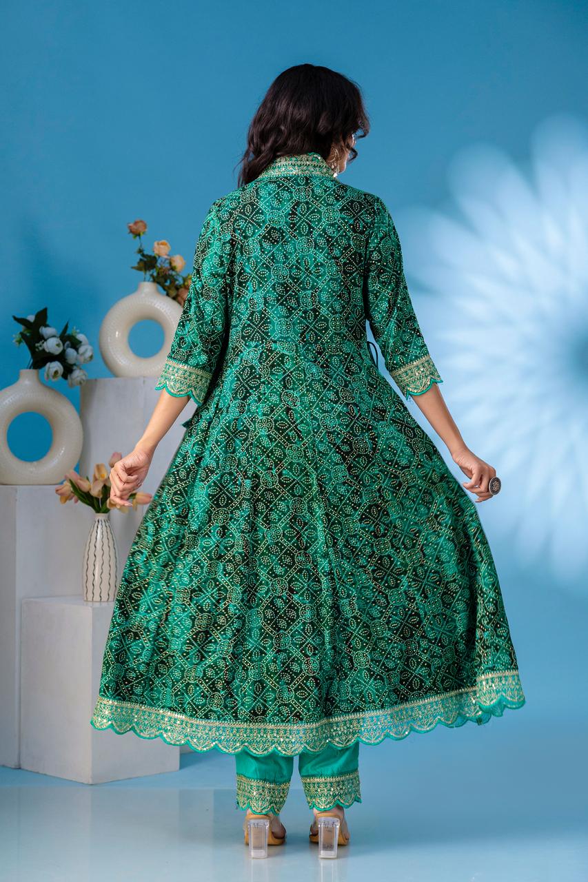 aliya green  anarkali kurta paint and duptta viscose suit set