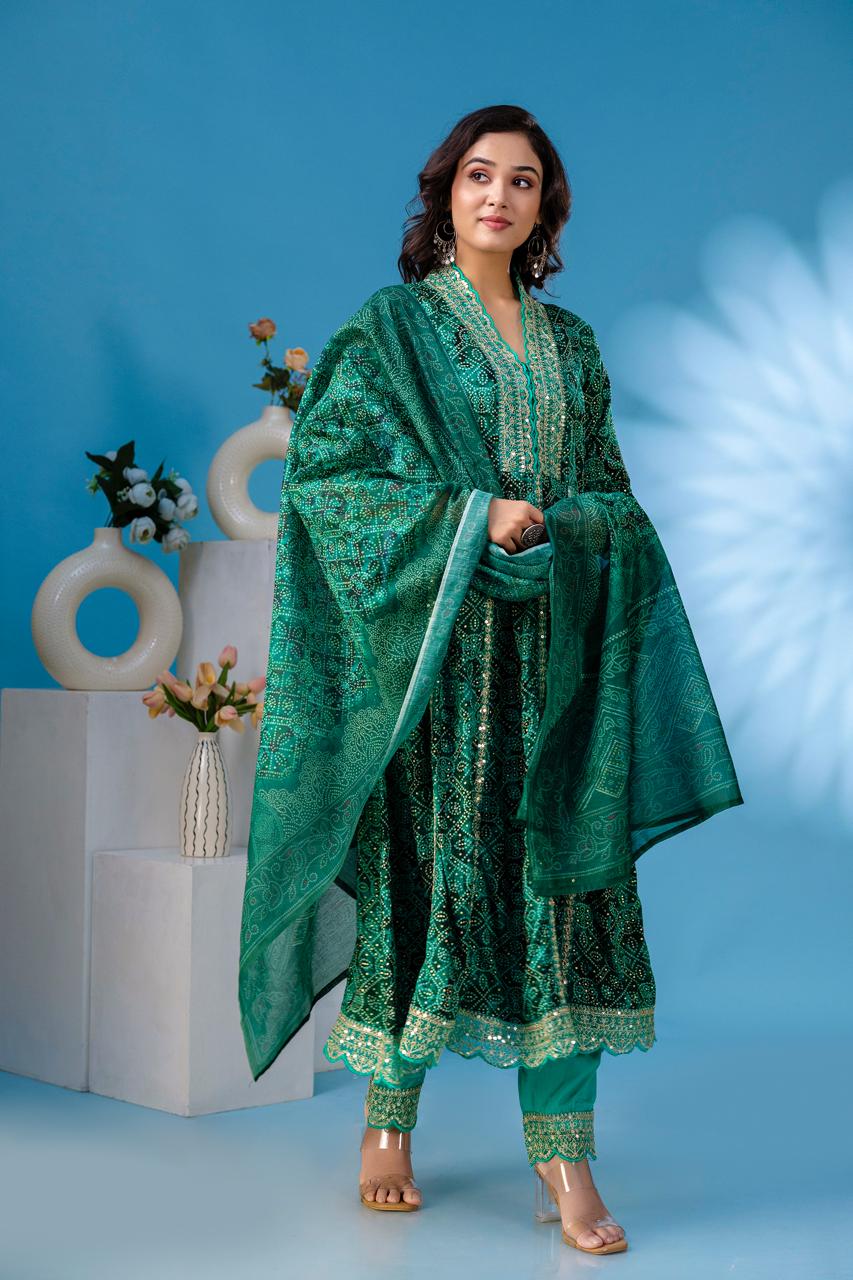 aliya green  anarkali kurta paint and duptta viscose suit set