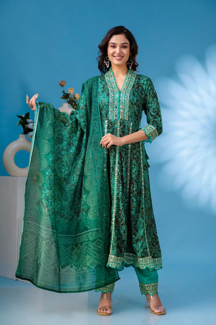 aliya green  anarkali kurta paint and duptta viscose suit set