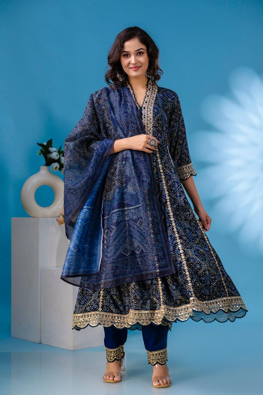 aliya Blue  anarkali kurta paint and duptta viscose suit set