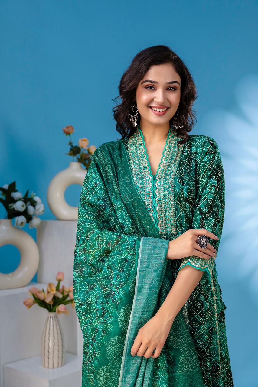 aliya green  anarkali kurta paint and duptta viscose suit set