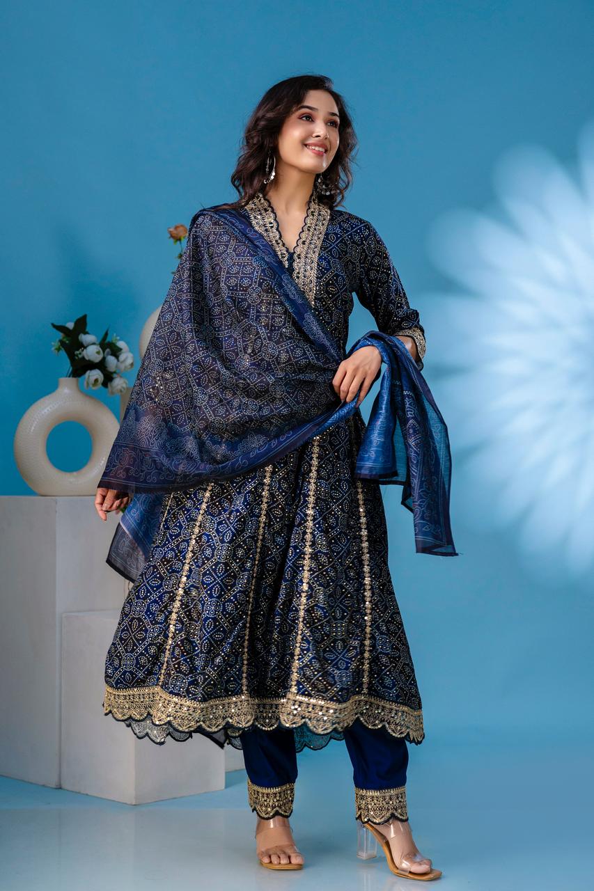 aliya Blue  anarkali kurta paint and duptta viscose suit set