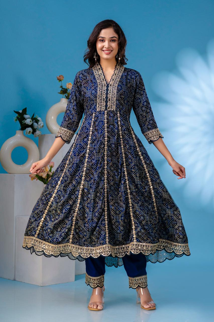 aliya Blue  anarkali kurta paint and duptta viscose suit set