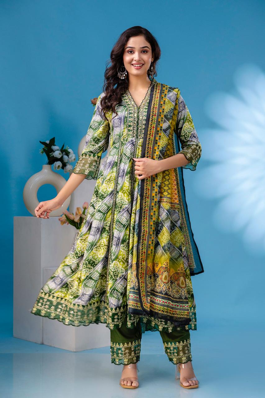 aliya embroidered green  anarkali kurta paint and duptta viscose suit set