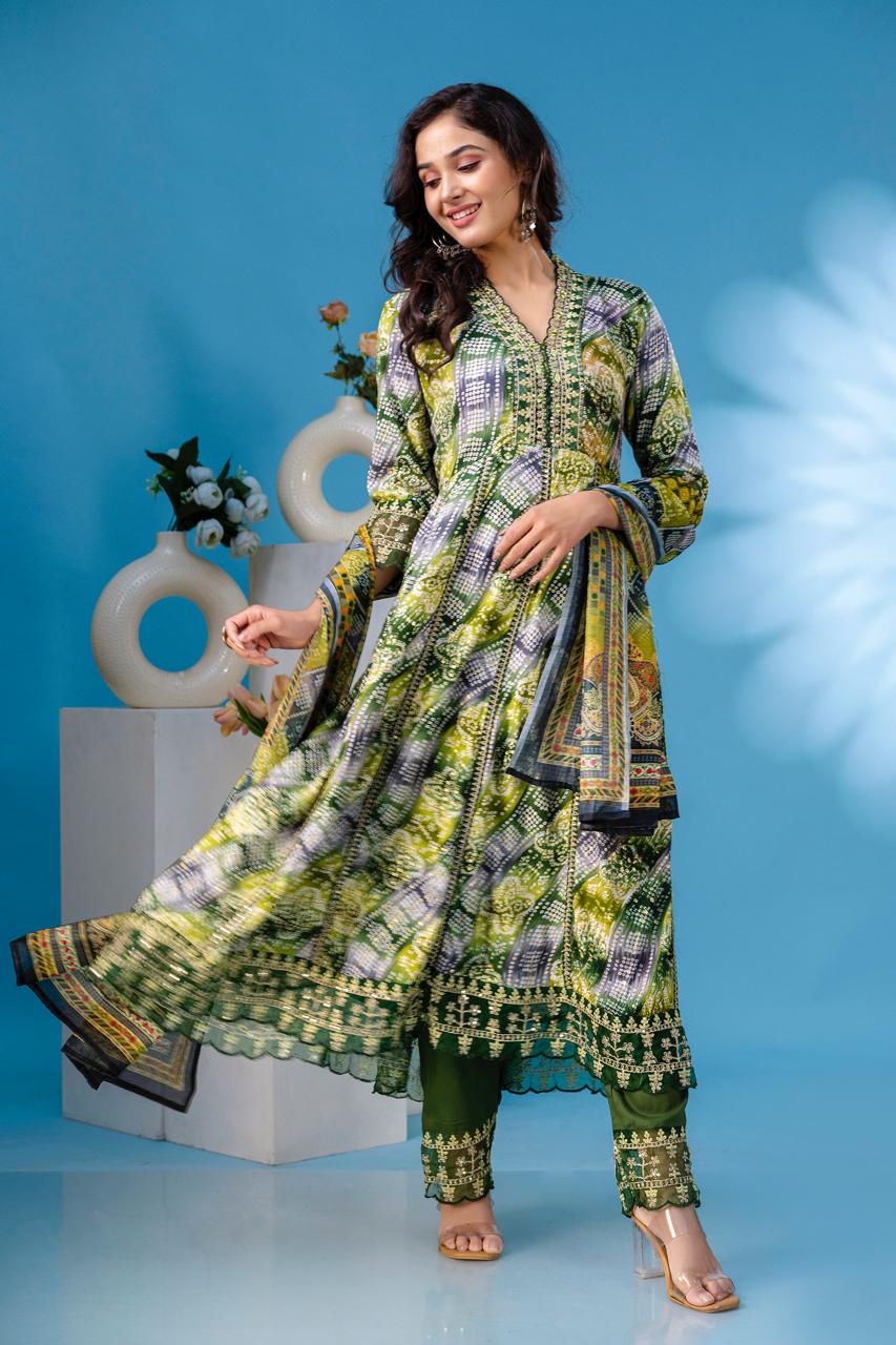 aliya embroidered green  anarkali kurta paint and duptta viscose suit set