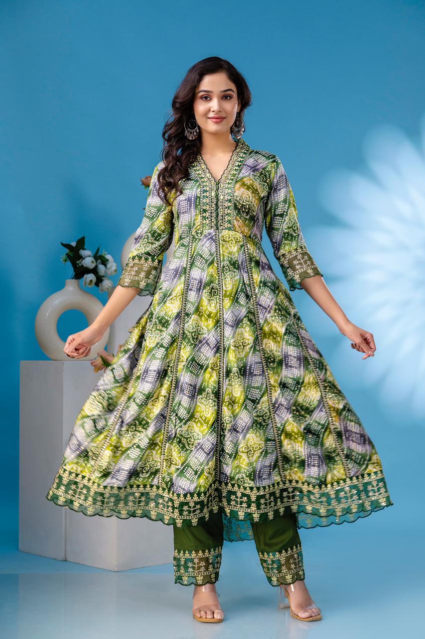 aliya embroidered green  anarkali kurta paint and duptta viscose suit set