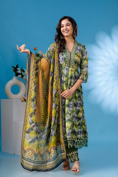 aliya embroidered green  anarkali kurta paint and duptta viscose suit set