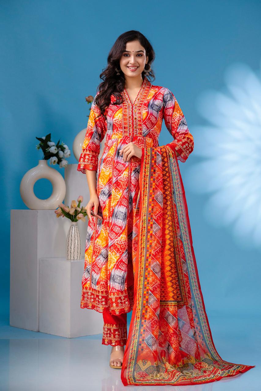 aliya embroidered orange anarkali kurta paint and duptta viscose suit set