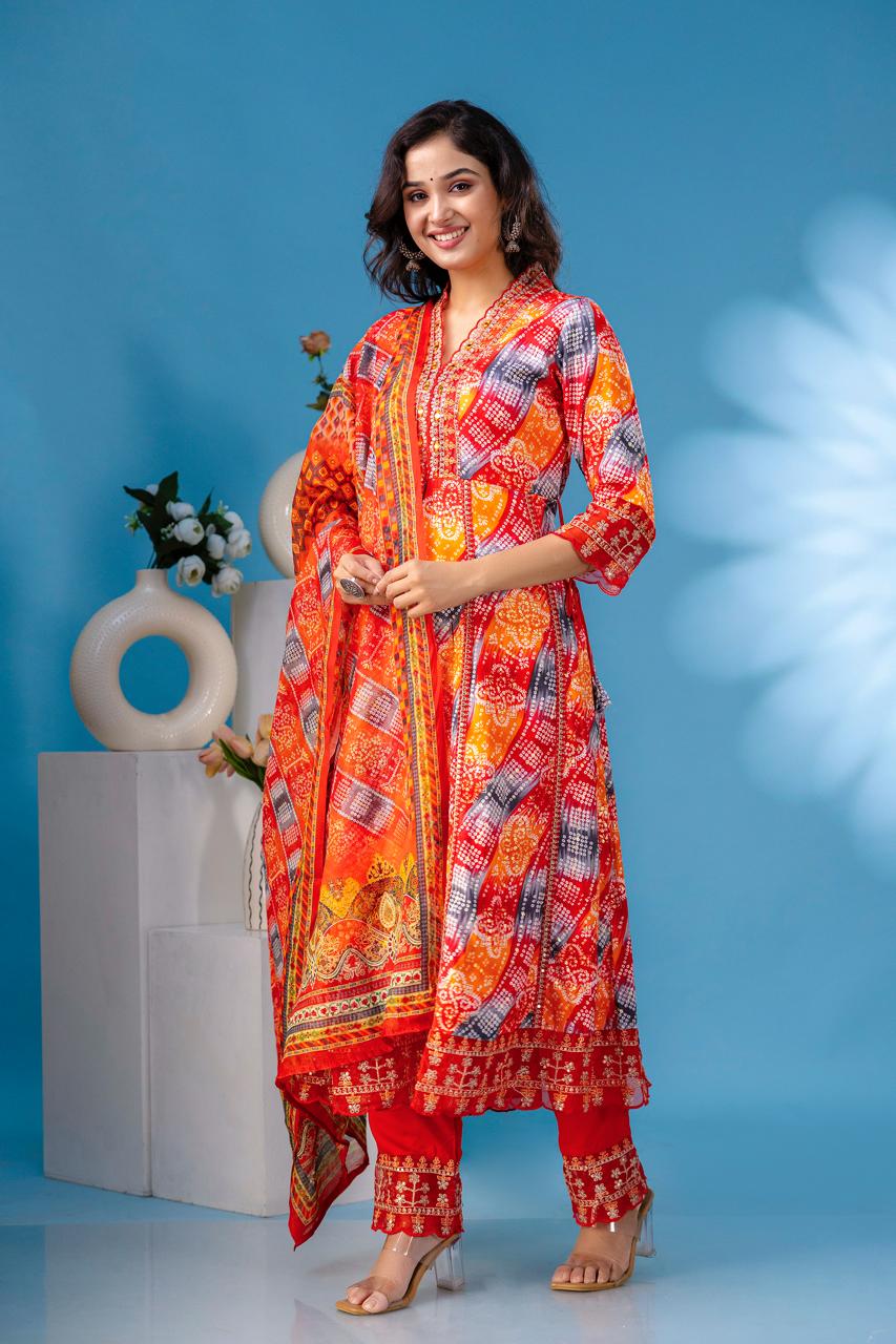 aliya embroidered orange anarkali kurta paint and duptta viscose suit set