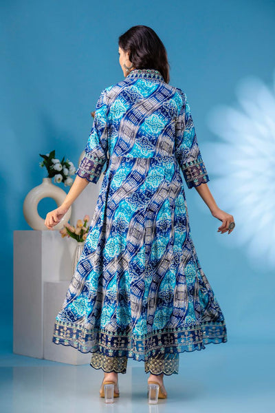 aliya embroidered Blue  anarkali kurta paint and duptta viscose suit set