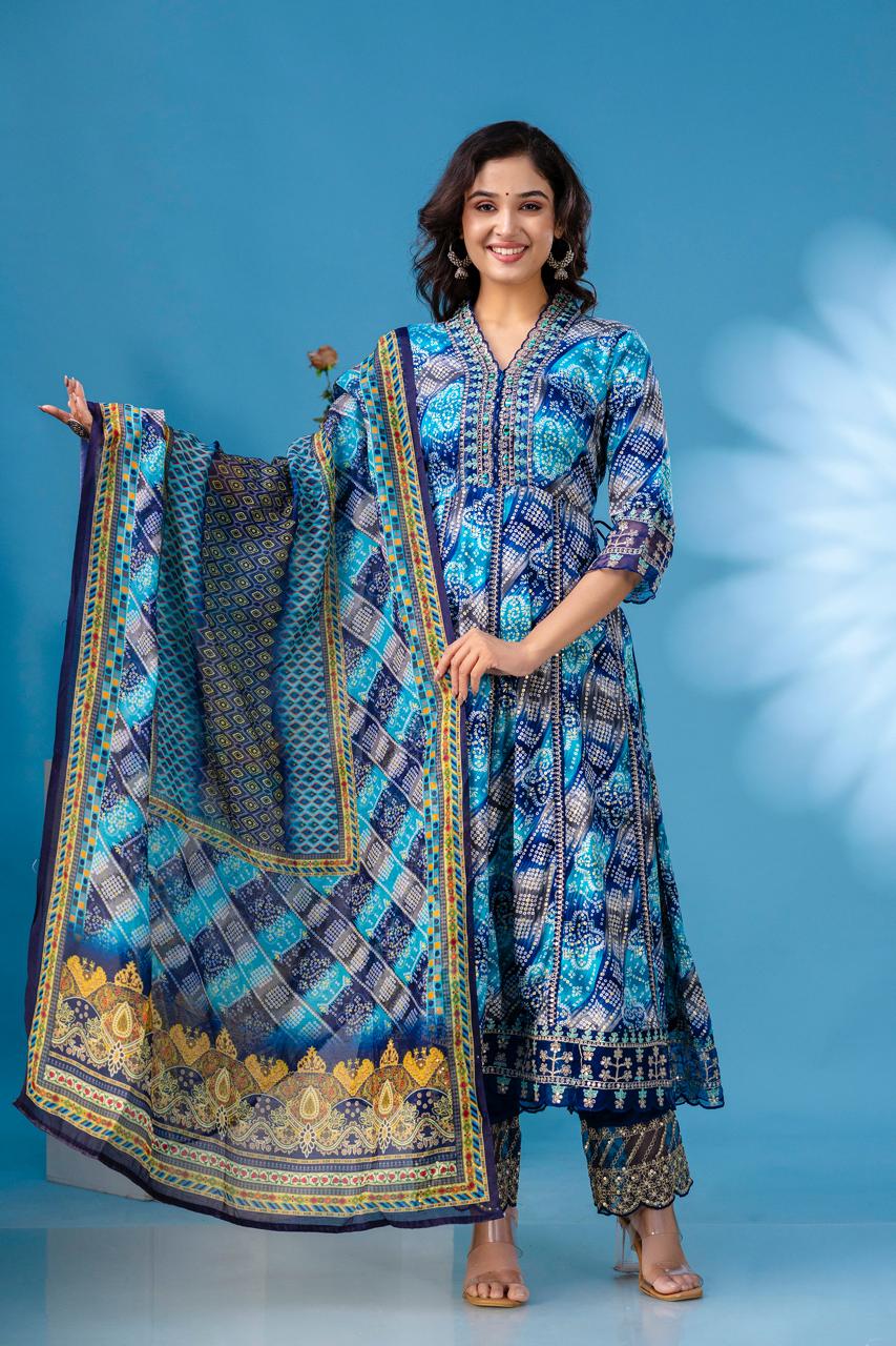 aliya embroidered Blue  anarkali kurta paint and duptta viscose suit set