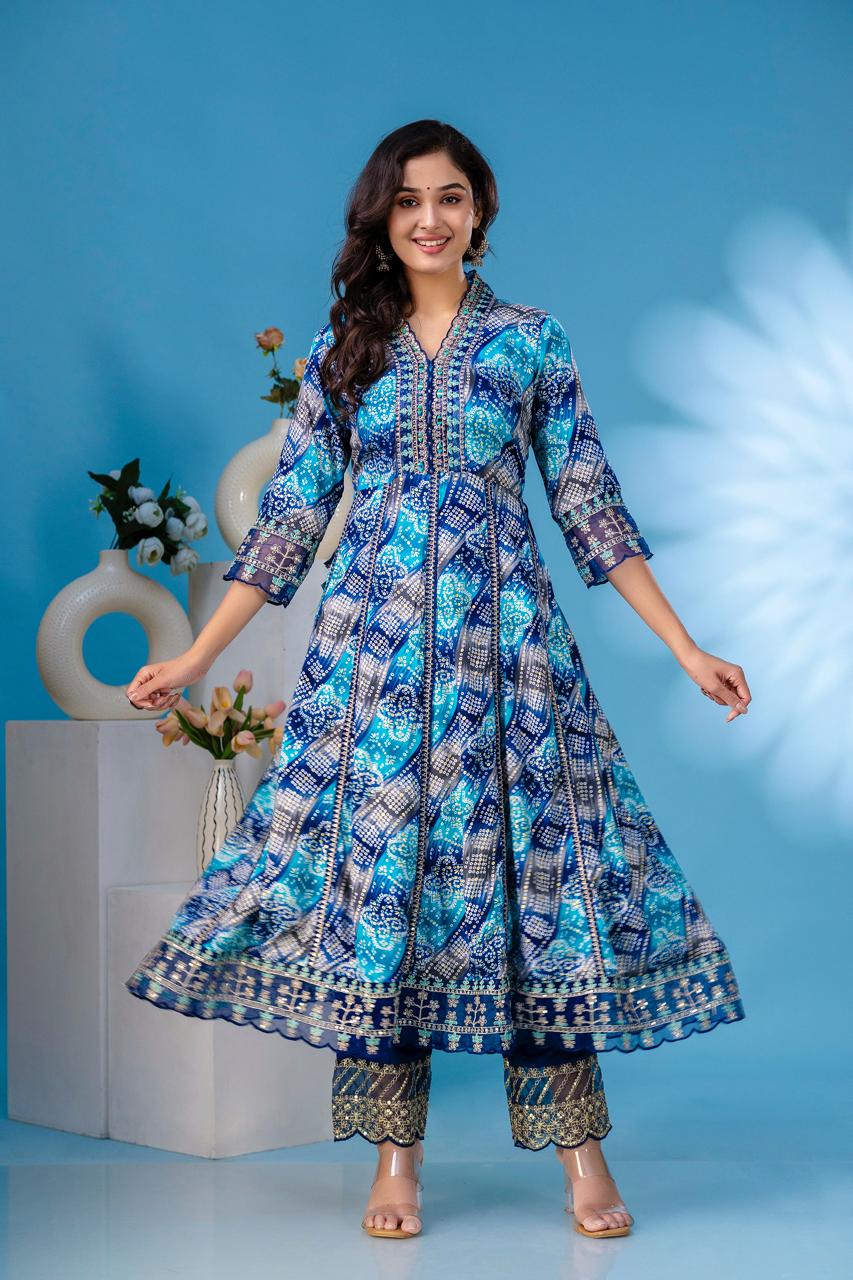 aliya embroidered Blue  anarkali kurta paint and duptta viscose suit set