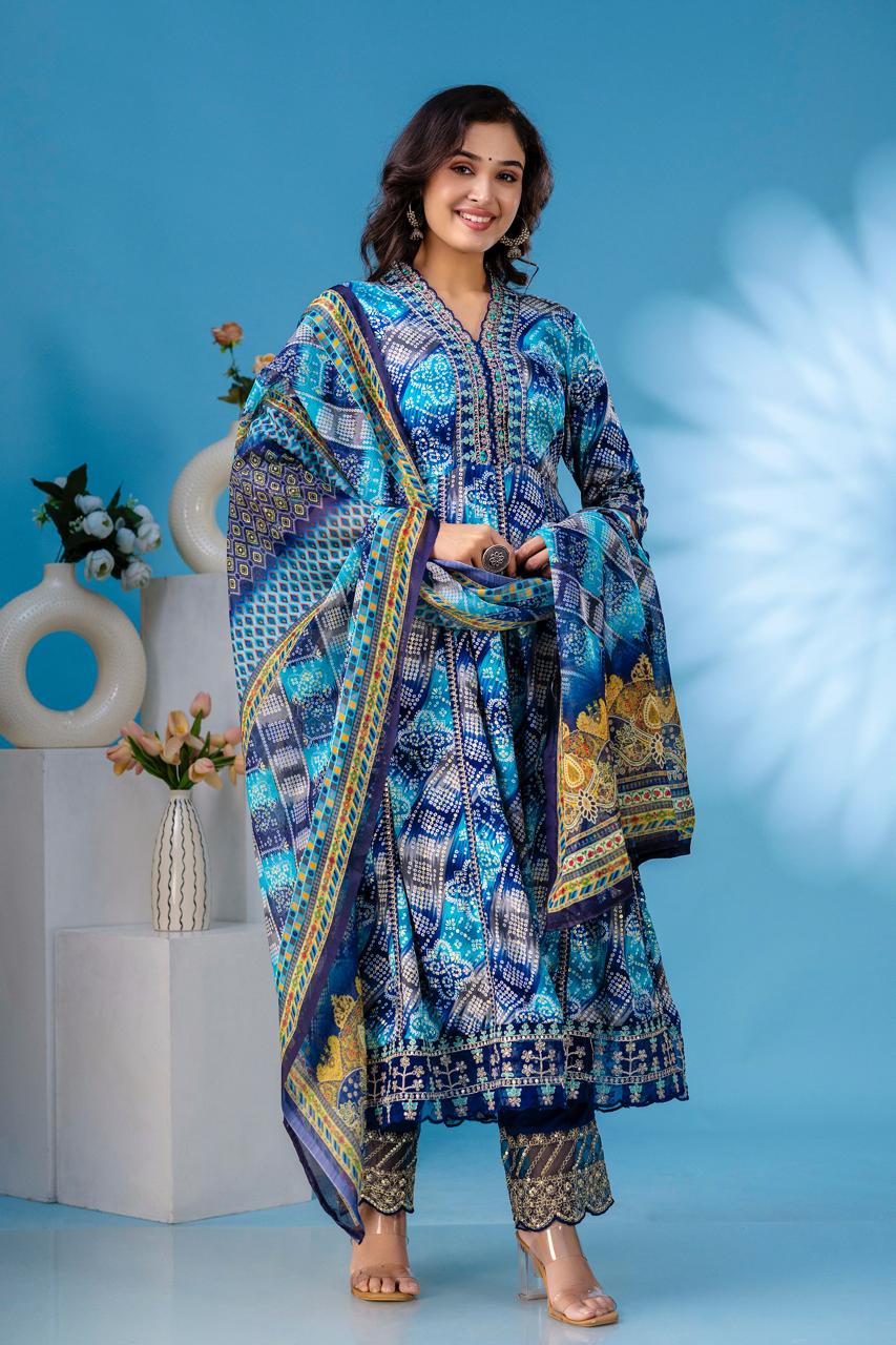 aliya embroidered Blue  anarkali kurta paint and duptta viscose suit set