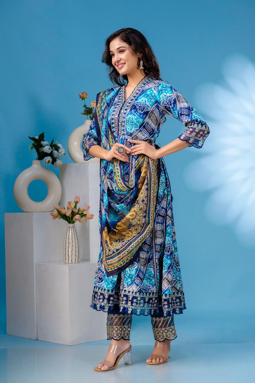 aliya embroidered Blue  anarkali kurta paint and duptta viscose suit set