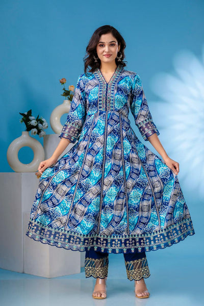 aliya embroidered Blue  anarkali kurta paint and duptta viscose suit set