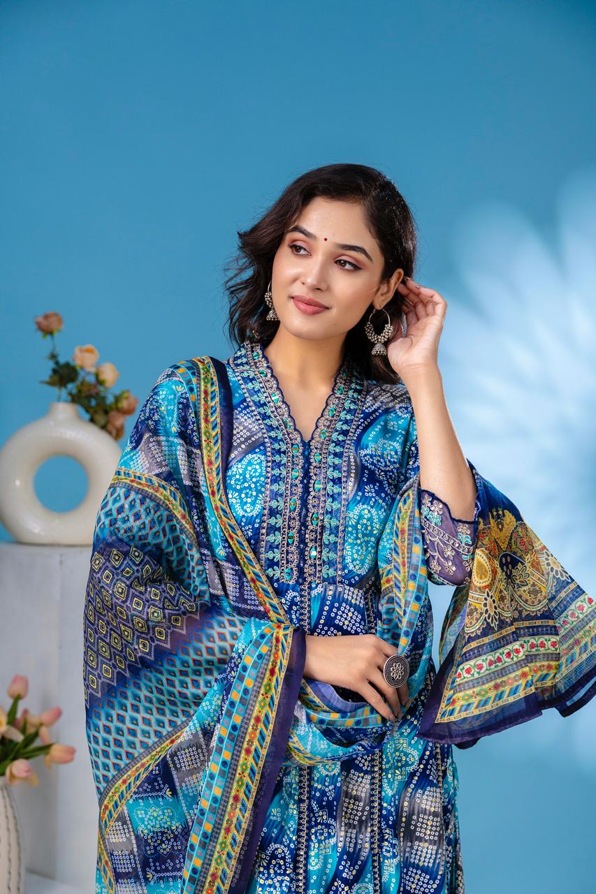 aliya embroidered Blue  anarkali kurta paint and duptta viscose suit set