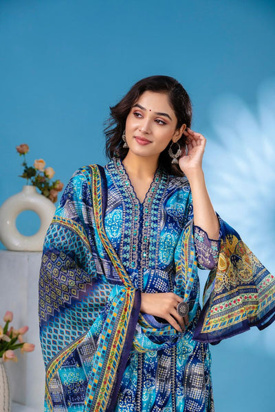 aliya embroidered Blue  anarkali kurta paint and duptta viscose suit set