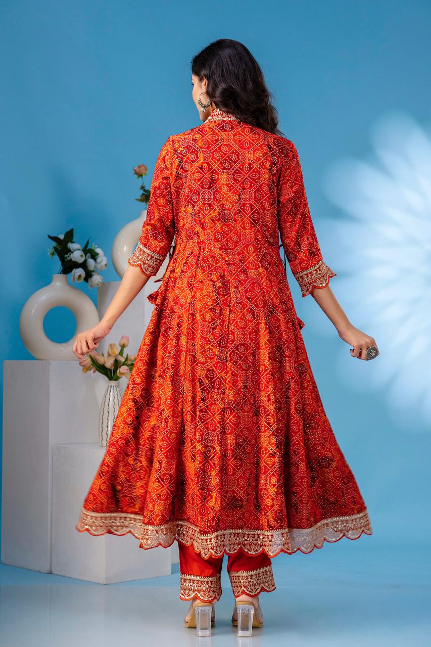 aliya embroidered Red bandez anarkali kurta paint and duptta viscose suit set