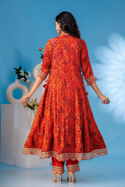 aliya embroidered Red bandez anarkali kurta paint and duptta viscose suit set