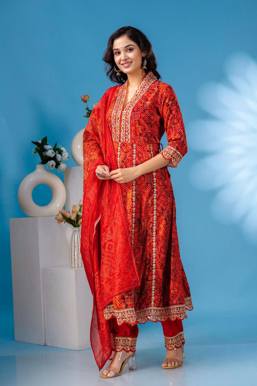 aliya embroidered Red bandez anarkali kurta paint and duptta viscose suit set