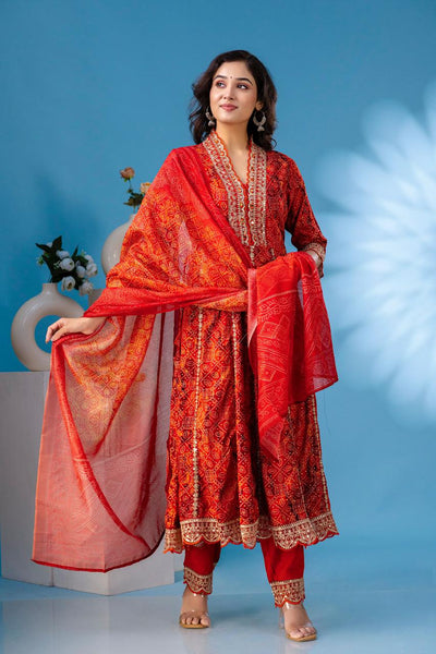 aliya embroidered Red bandez anarkali kurta paint and duptta viscose suit set