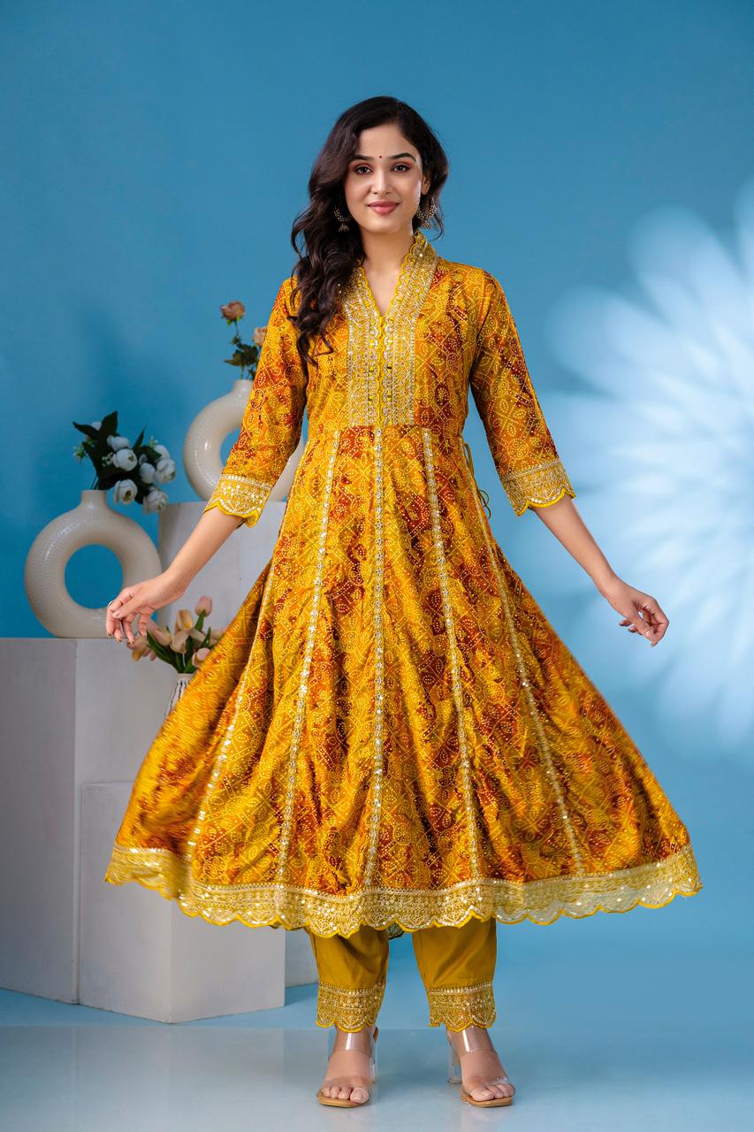 aliya embroidered Mustard bandez anarkali kurta paint and duptta viscose suit set