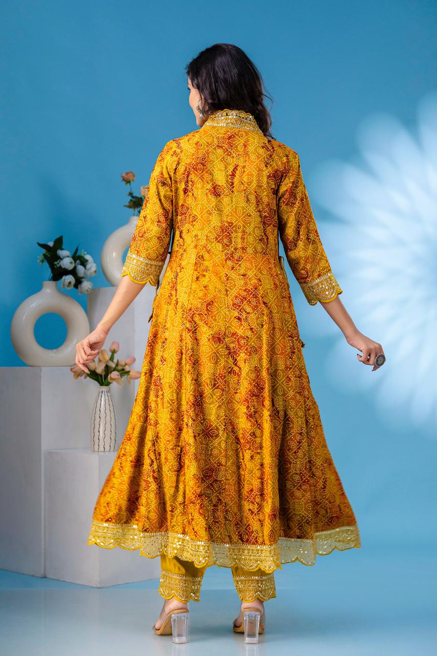 aliya embroidered Mustard bandez anarkali kurta paint and duptta viscose suit set