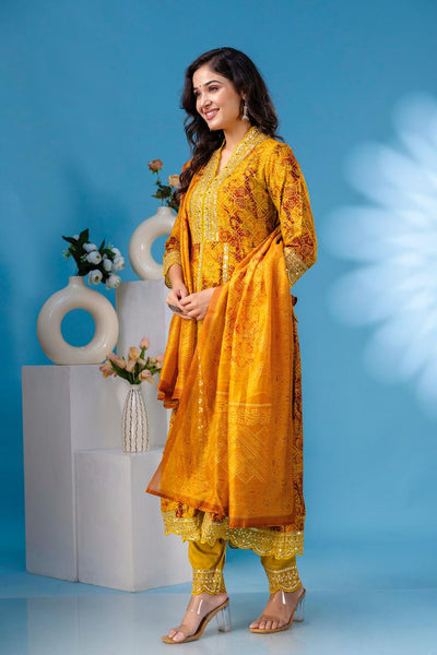 aliya embroidered Mustard bandez anarkali kurta paint and duptta viscose suit set