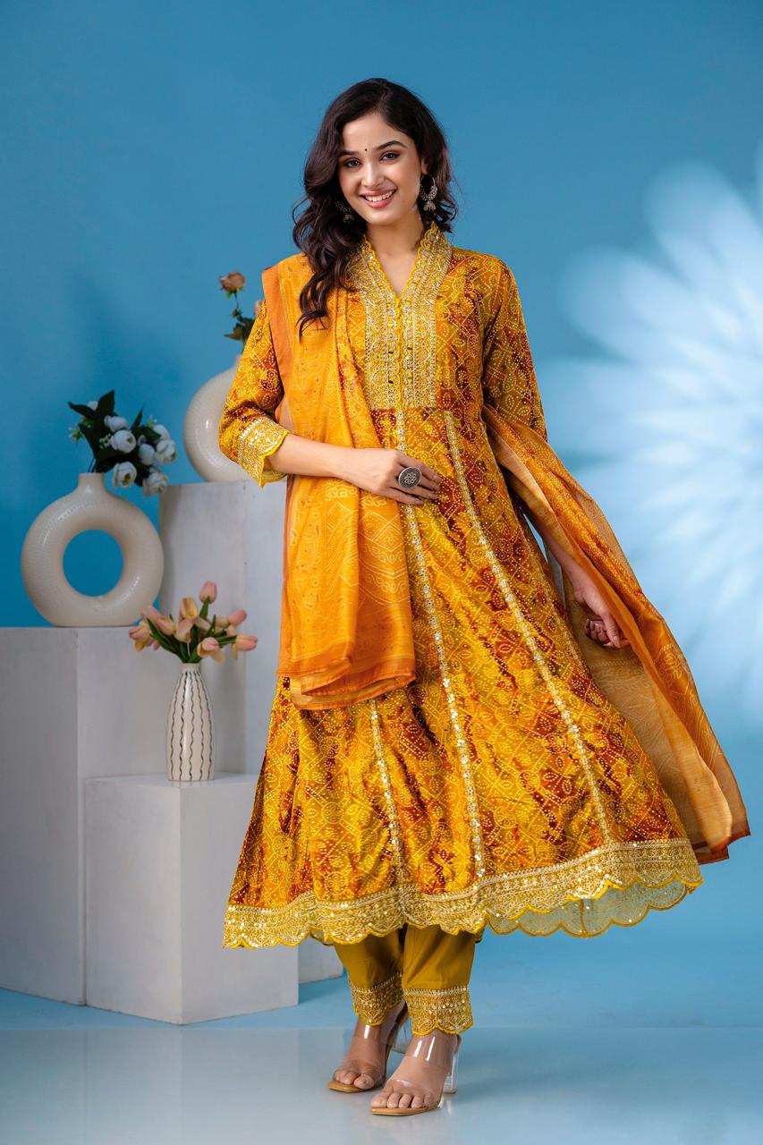 aliya embroidered Mustard bandez anarkali kurta paint and duptta viscose suit set