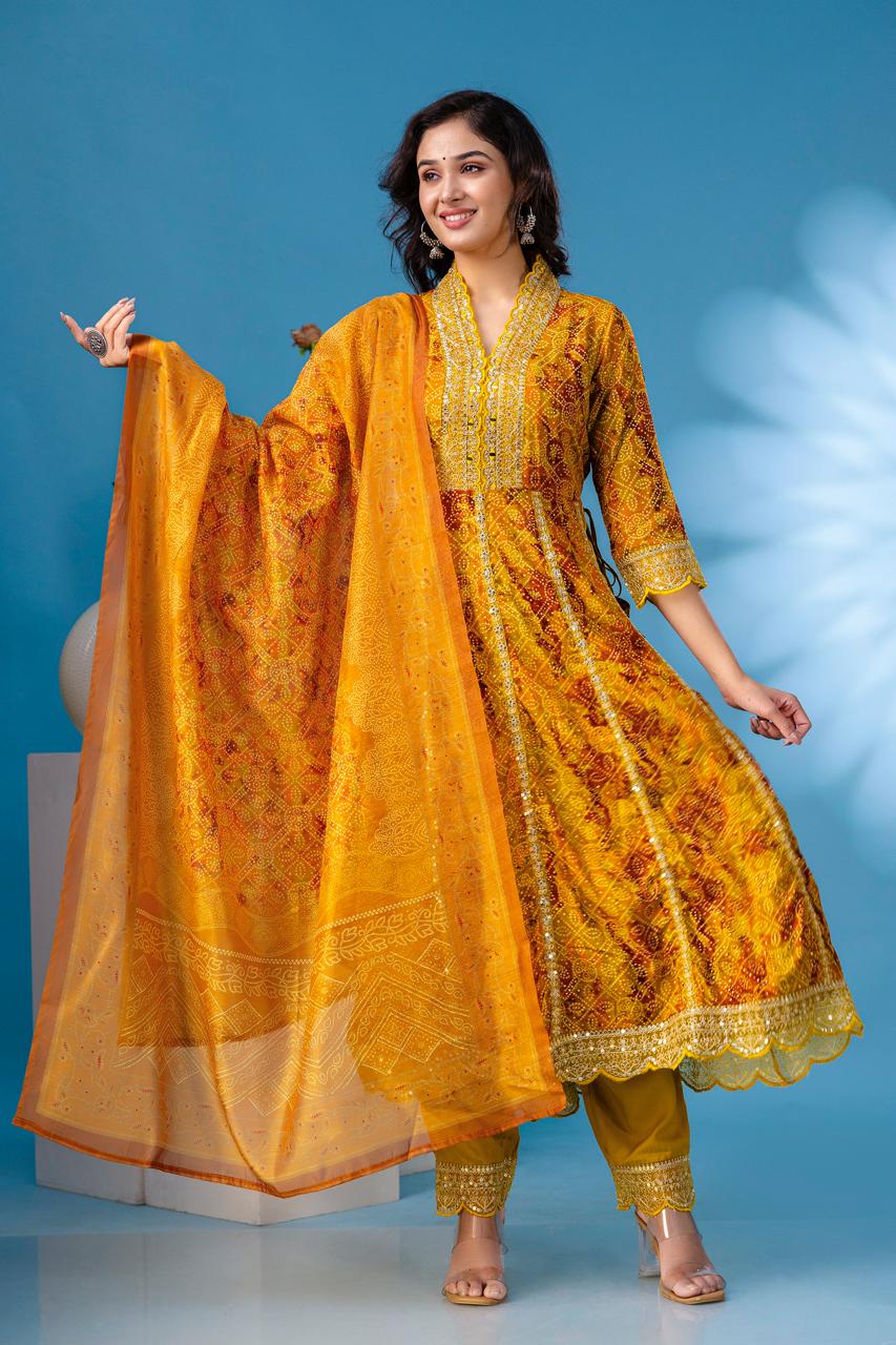 aliya embroidered Mustard bandez anarkali kurta paint and duptta viscose suit set