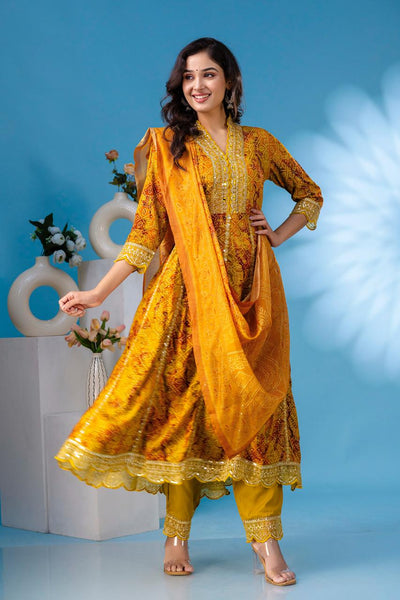 aliya embroidered Mustard bandez anarkali kurta paint and duptta viscose suit set