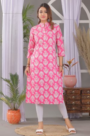 VIlai Jaipur Women's printed straight kurta  with button work