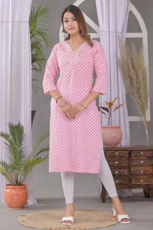 VIlai Jaipur Women's printed straight kurta  with embroidery work