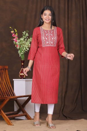 Kairab Women's embroidered striped printed straight kurta