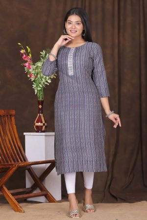 Kairab Women's embroidered striped printed straight kurta