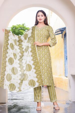 Kairab Women's printed  adda work straight kurta with paint and duptta