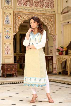 Elegant Off-White & Pastel Yellow Printed Kurta with Blue Embroidery by Kairab